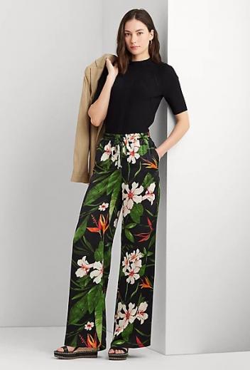 Wide leg satin trousers in tropical print